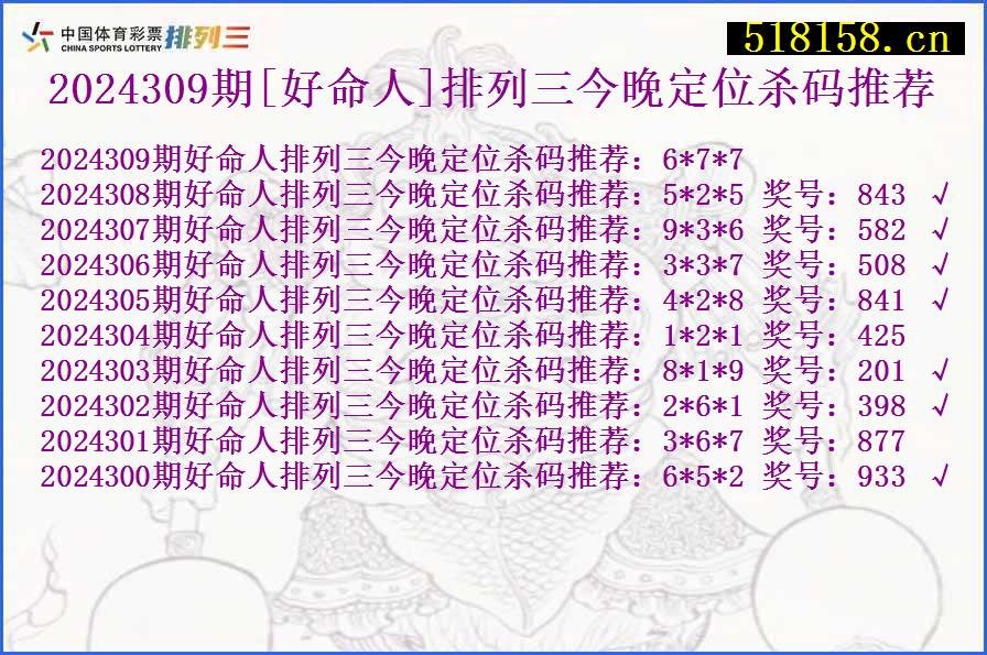 2024309期[好命人]排列三今晚定位杀码推荐