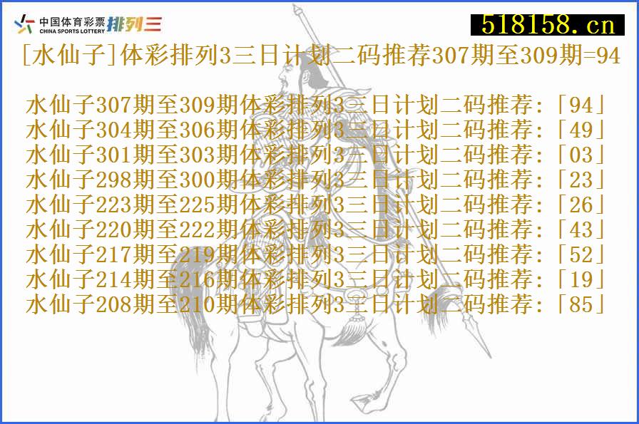 [水仙子]体彩排列3三日计划二码推荐307期至309期=94