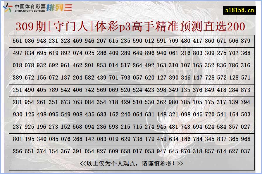 309期[守门人]体彩p3高手精准预测直选200