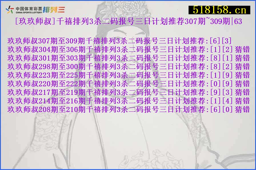 [玖玖师叔]千禧排列3杀二码报号三日计划推荐307期~309期|63