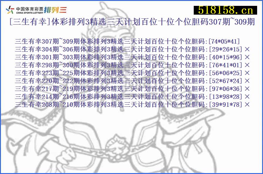 [三生有幸]体彩排列3精选三天计划百位十位个位胆码307期~309期