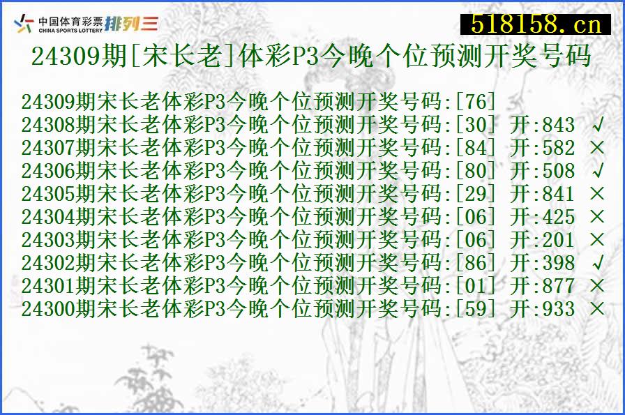 24309期[宋长老]体彩P3今晚个位预测开奖号码