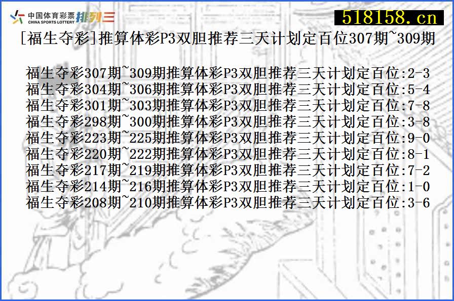 [福生夺彩]推算体彩P3双胆推荐三天计划定百位307期~309期