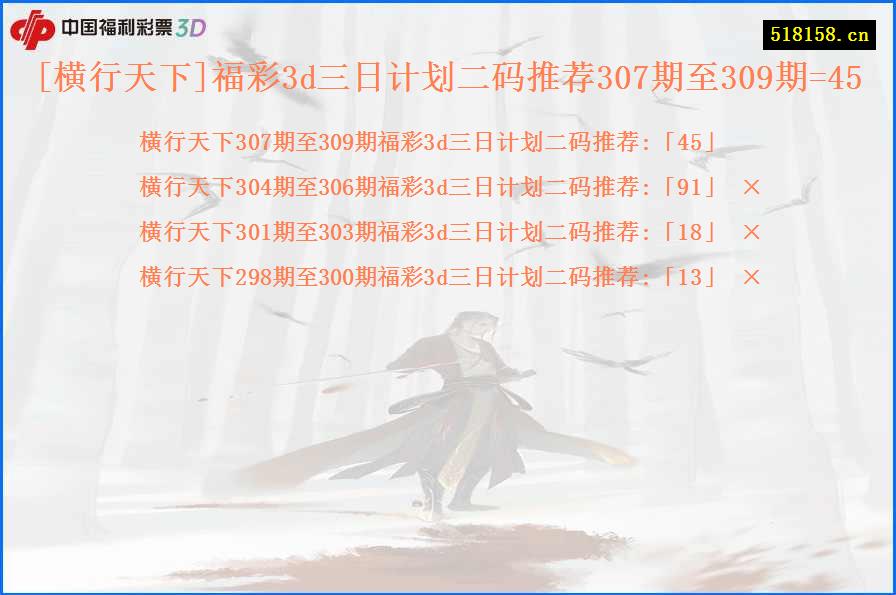 [横行天下]福彩3d三日计划二码推荐307期至309期=45