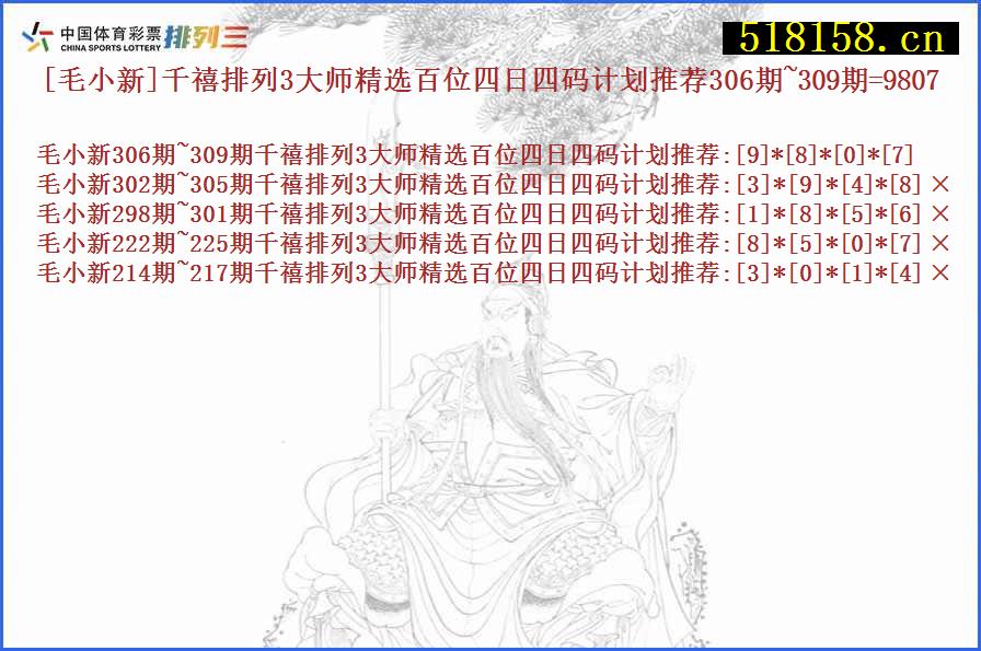 [毛小新]千禧排列3大师精选百位四日四码计划推荐306期~309期=9807