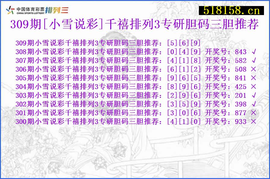 309期[小雪说彩]千禧排列3专研胆码三胆推荐