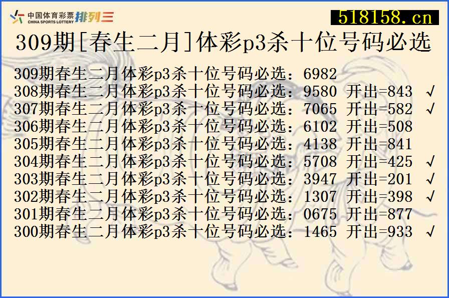 309期[春生二月]体彩p3杀十位号码必选