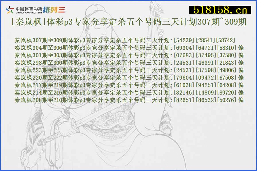 [秦岚枫]体彩p3专家分享定杀五个号码三天计划307期~309期