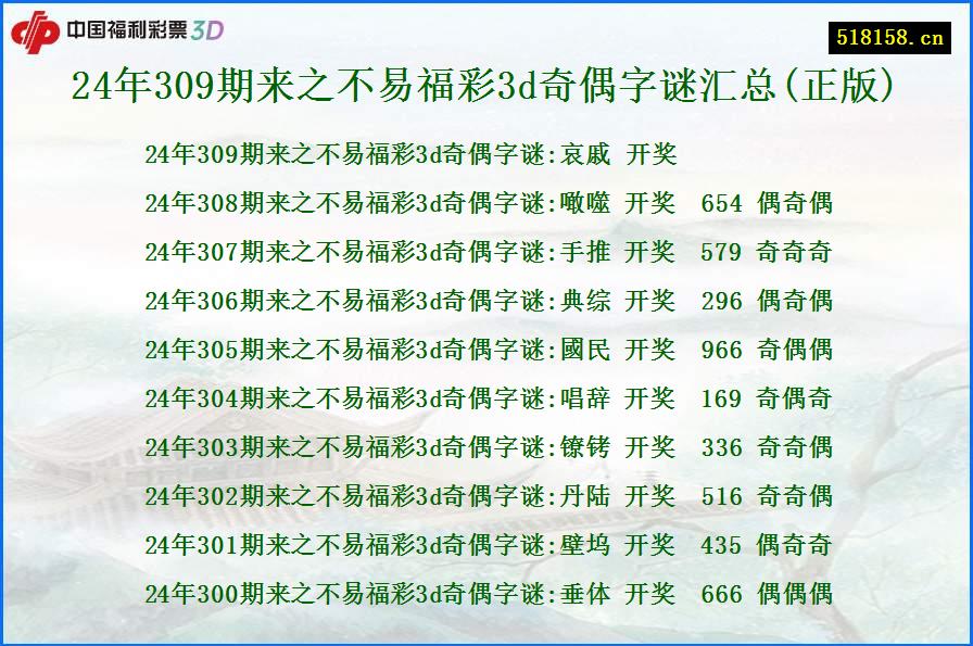 24年309期来之不易福彩3d奇偶字谜汇总(正版)