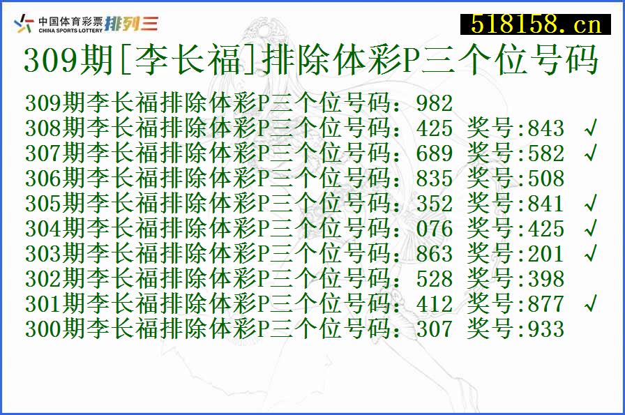 309期[李长福]排除体彩P三个位号码