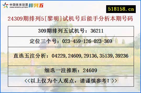 24309期排列5[黎明]试机号后能手分析本期号码