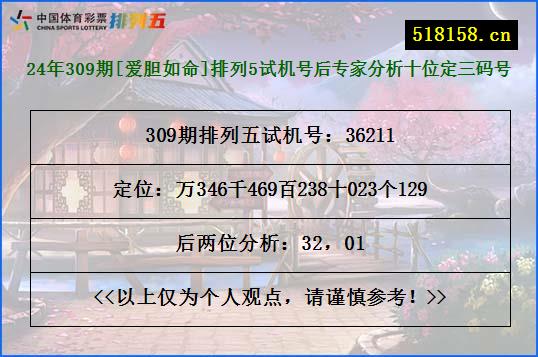 24年309期[爱胆如命]排列5试机号后专家分析十位定三码号