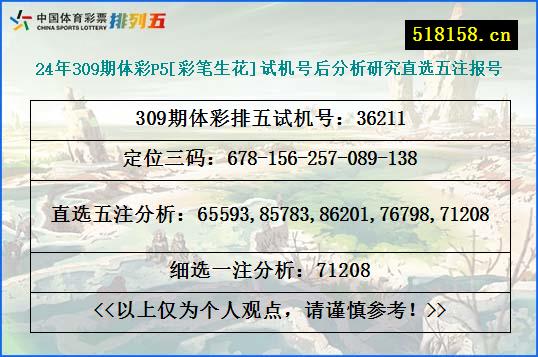 24年309期体彩P5[彩笔生花]试机号后分析研究直选五注报号