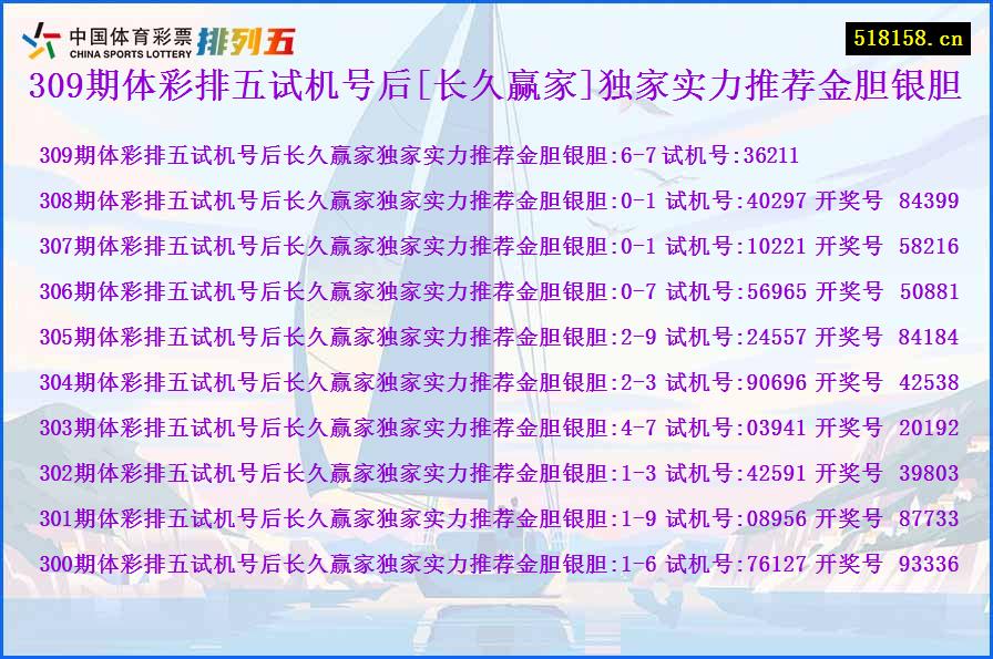 309期体彩排五试机号后[长久赢家]独家实力推荐金胆银胆