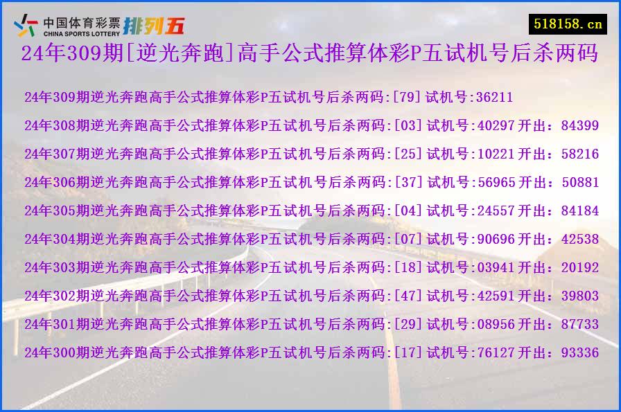 24年309期[逆光奔跑]高手公式推算体彩P五试机号后杀两码