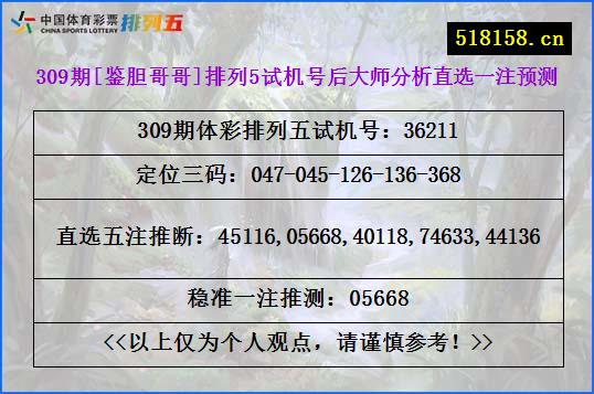 309期[鉴胆哥哥]排列5试机号后大师分析直选一注预测