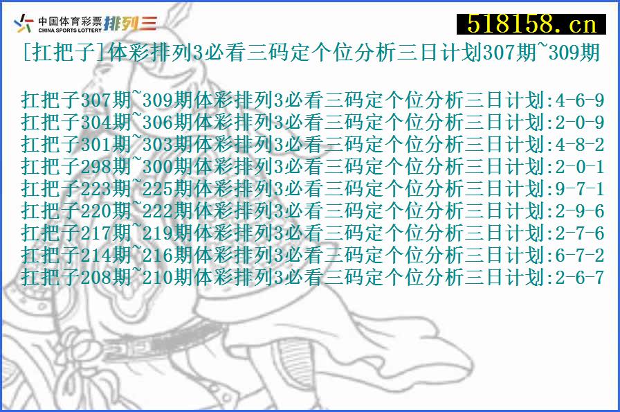 [扛把子]体彩排列3必看三码定个位分析三日计划307期~309期