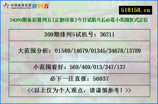 24309期体彩排列五[定胆印章]今日试机号后必看小范围复式定位