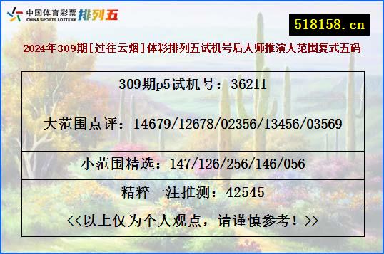 2024年309期[过往云烟]体彩排列五试机号后大师推演大范围复式五码