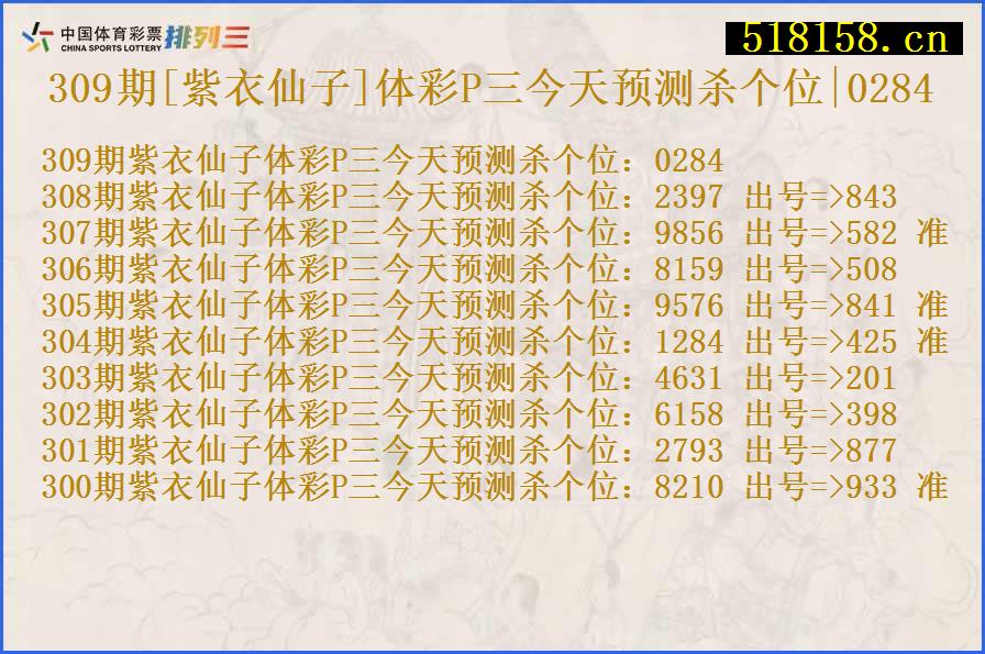 309期[紫衣仙子]体彩P三今天预测杀个位|0284