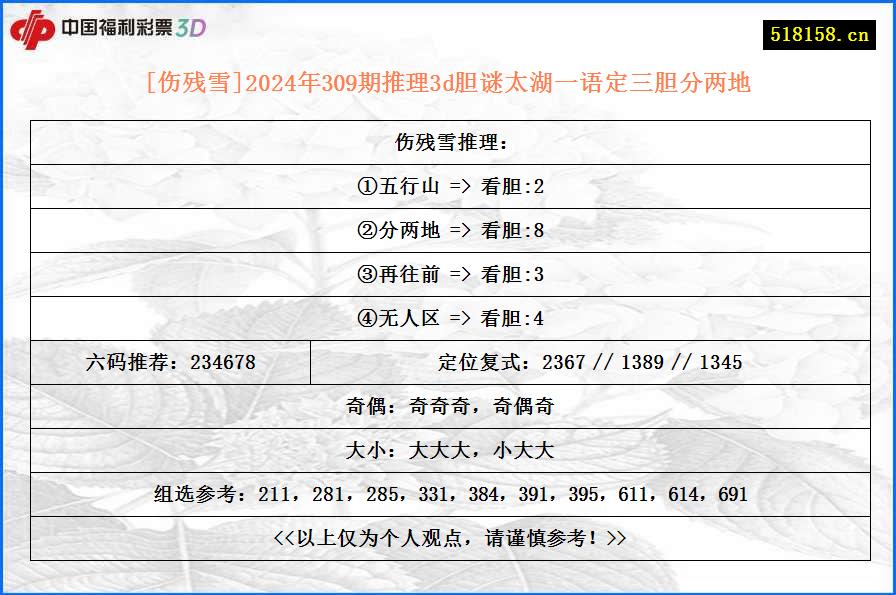 [伤残雪]2024年309期推理3d胆谜太湖一语定三胆分两地