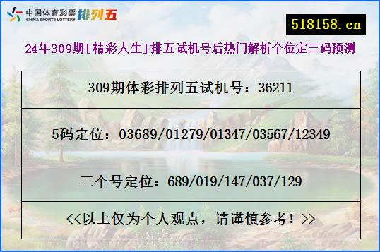 24年309期[精彩人生]排五试机号后热门解析个位定三码预测