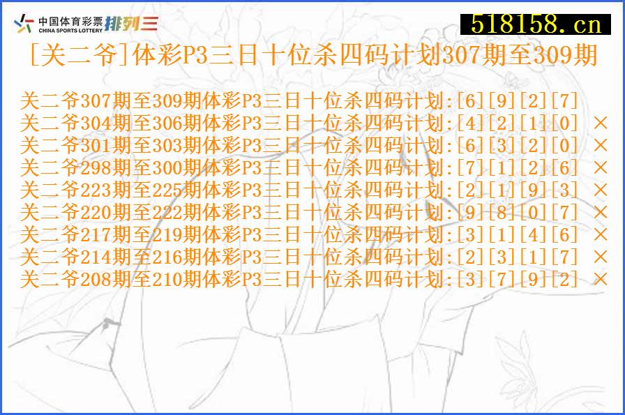 [关二爷]体彩P3三日十位杀四码计划307期至309期