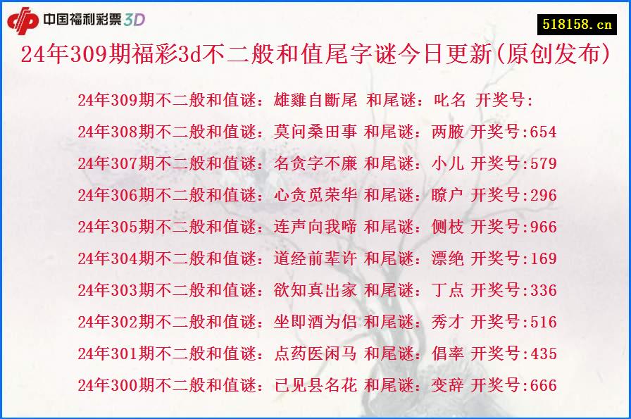 24年309期福彩3d不二般和值尾字谜今日更新(原创发布)