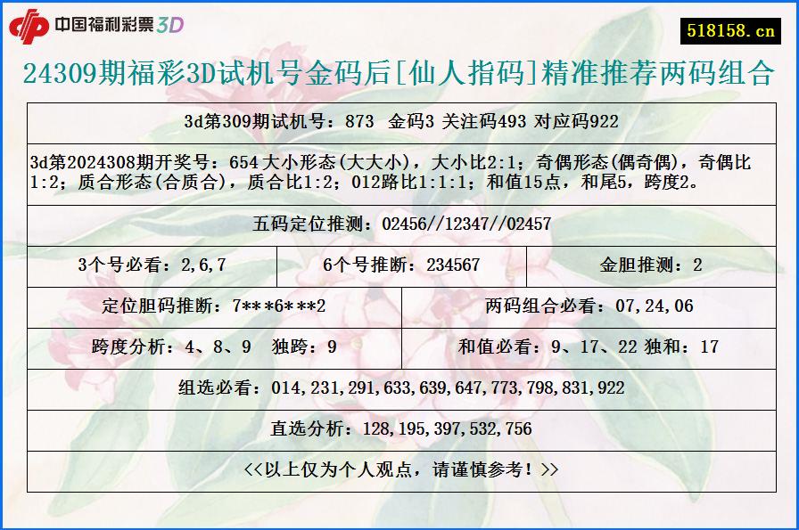 24309期福彩3D试机号金码后[仙人指码]精准推荐两码组合