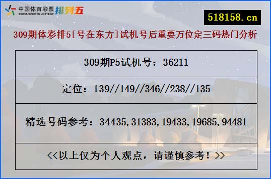 309期体彩排5[号在东方]试机号后重要万位定三码热门分析