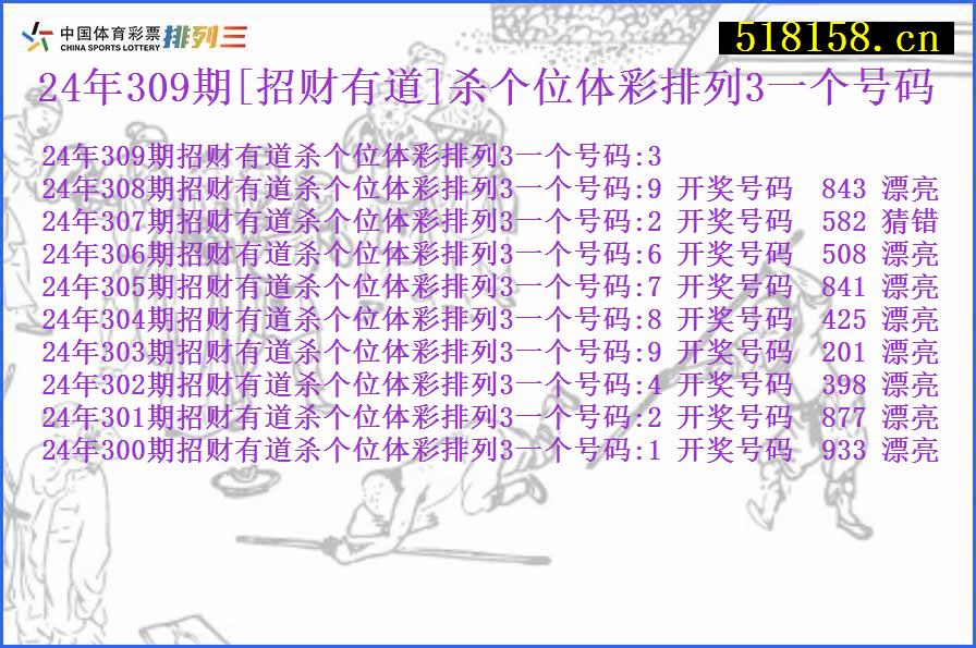 24年309期[招财有道]杀个位体彩排列3一个号码