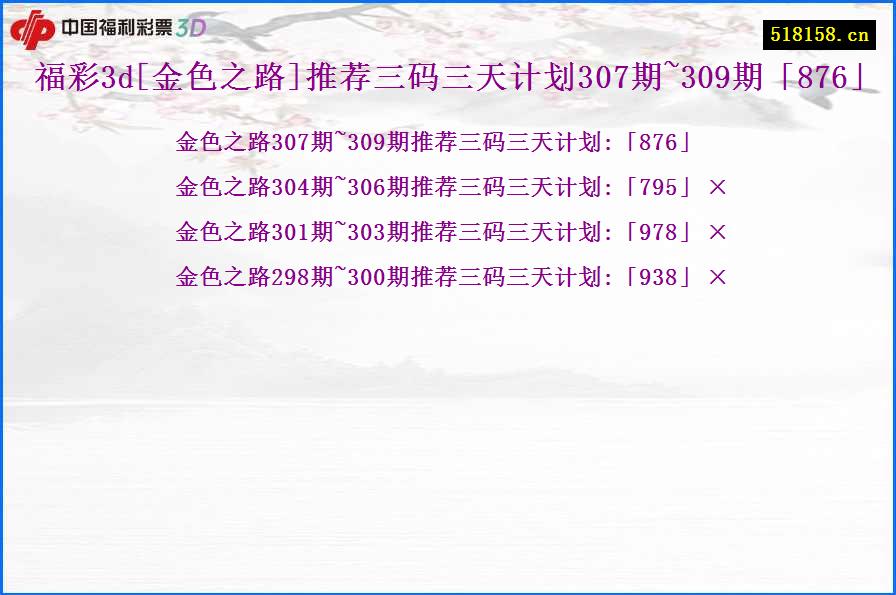 福彩3d[金色之路]推荐三码三天计划307期~309期「876」