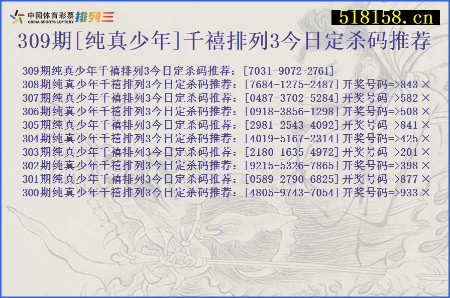 309期[纯真少年]千禧排列3今日定杀码推荐