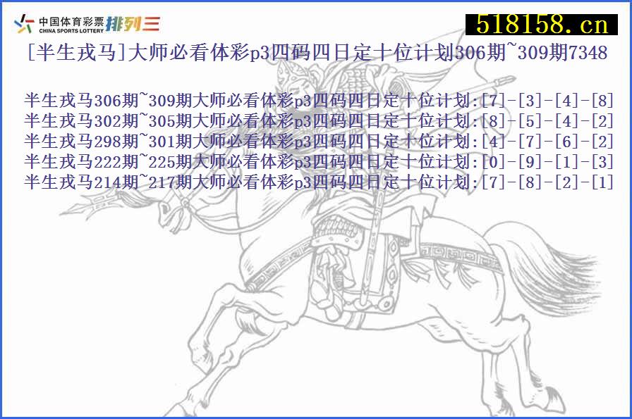 [半生戎马]大师必看体彩p3四码四日定十位计划306期~309期7348