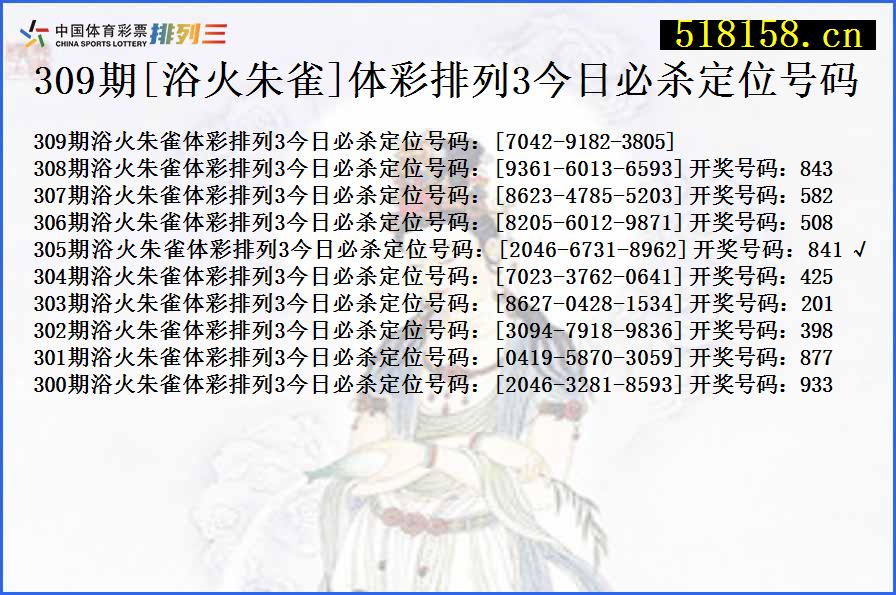 309期[浴火朱雀]体彩排列3今日必杀定位号码