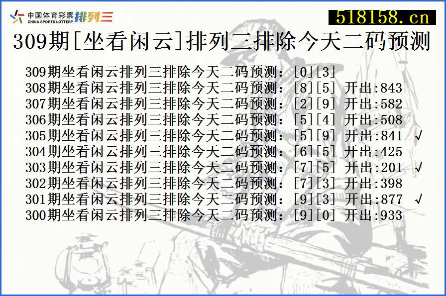 309期[坐看闲云]排列三排除今天二码预测