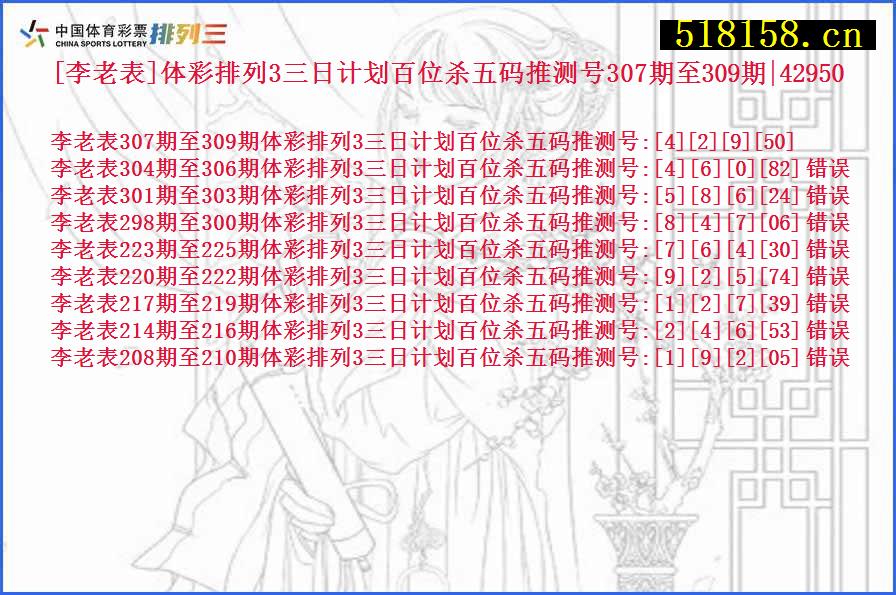 [李老表]体彩排列3三日计划百位杀五码推测号307期至309期|42950