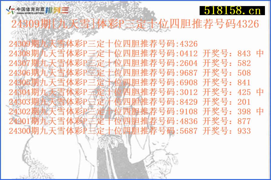 24309期[九天雪]体彩P三定十位四胆推荐号码4326