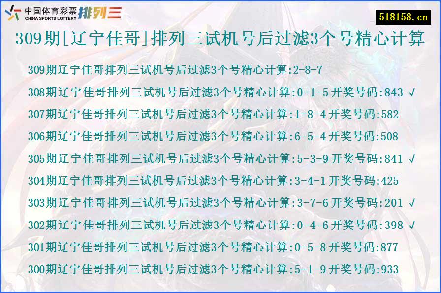 309期[辽宁佳哥]排列三试机号后过滤3个号精心计算