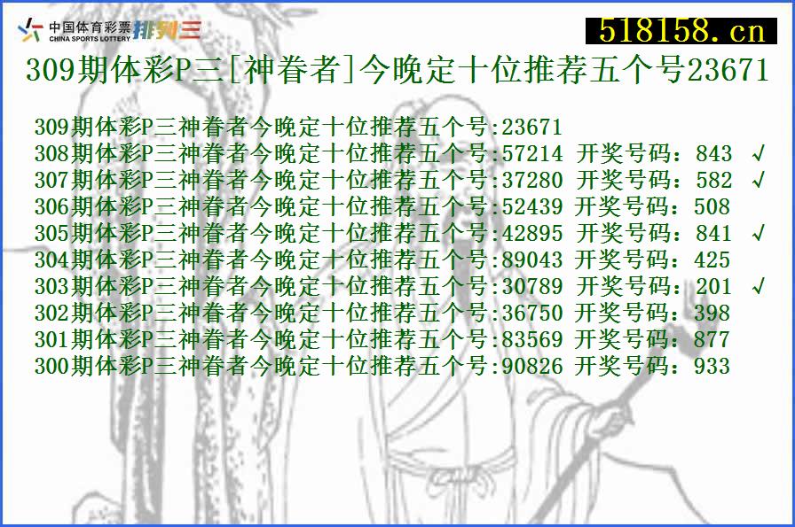 309期体彩P三[神眷者]今晚定十位推荐五个号23671