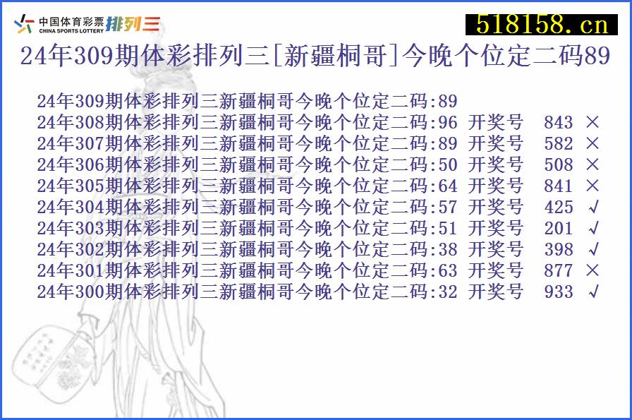 24年309期体彩排列三[新疆桐哥]今晚个位定二码89