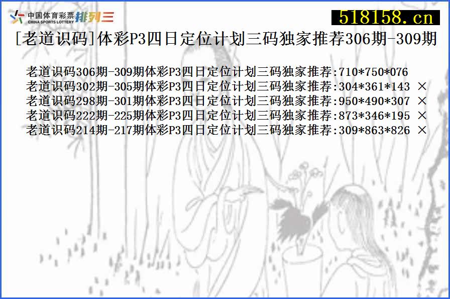 [老道识码]体彩P3四日定位计划三码独家推荐306期-309期