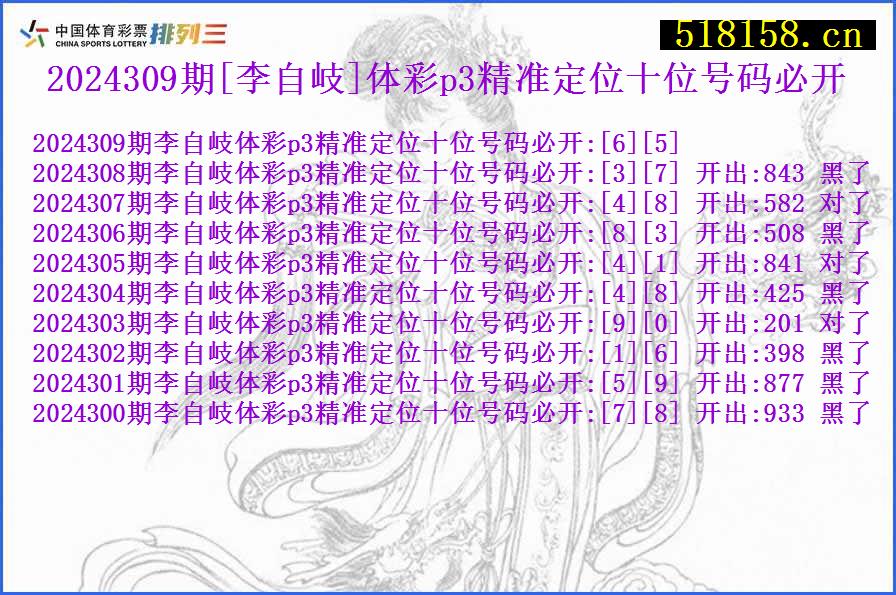 2024309期[李自岐]体彩p3精准定位十位号码必开