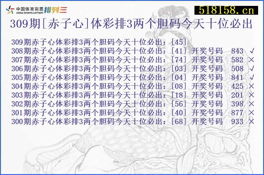 309期[赤子心]体彩排3两个胆码今天十位必出