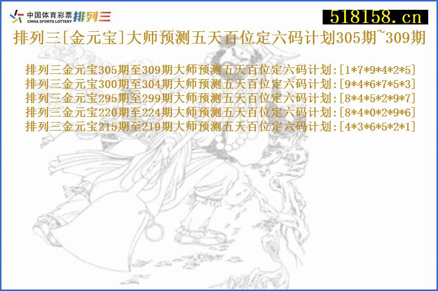 排列三[金元宝]大师预测五天百位定六码计划305期~309期