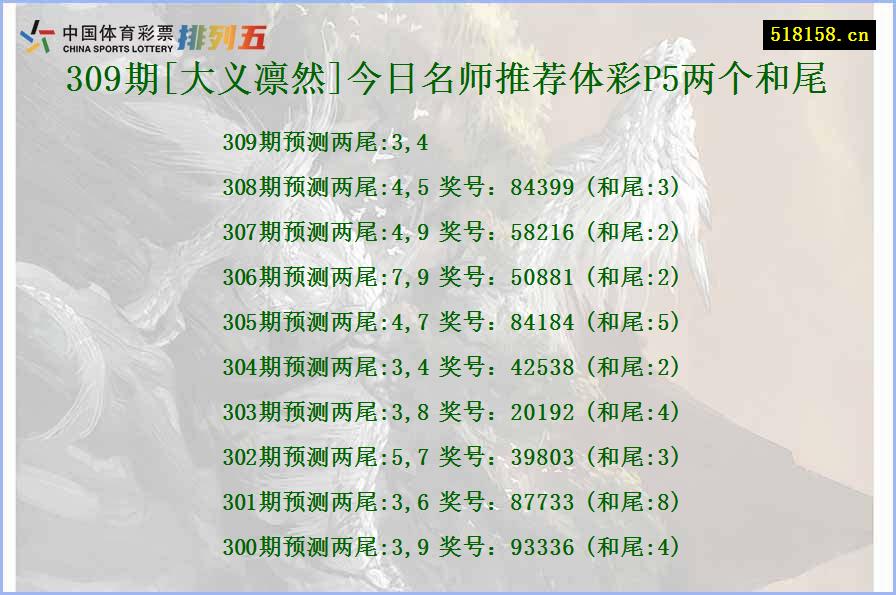 309期[大义凛然]今日名师推荐体彩P5两个和尾