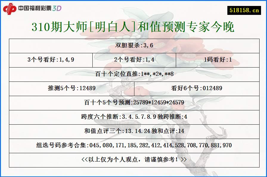 310期大师[明白人]和值预测专家今晚