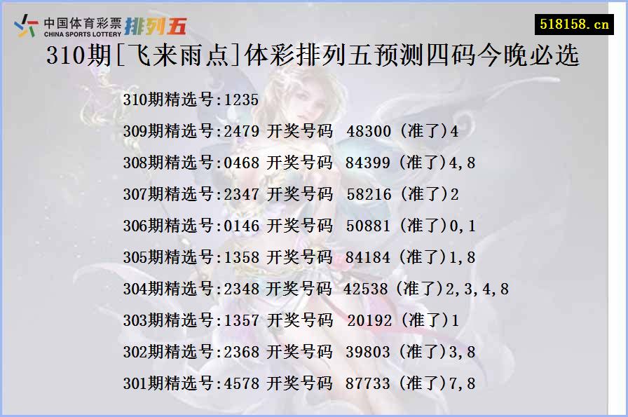 310期[飞来雨点]体彩排列五预测四码今晚必选