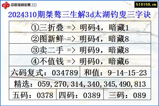 2024310期桀骜三生解3d太湖钓叟三字诀