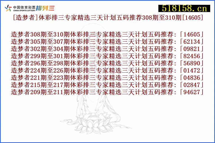 [造梦者]体彩排三专家精选三天计划五码推荐308期至310期[14605]